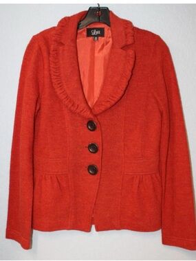 Anthropologie Luii Red Orange Ruffle-Trim Wool Button Blazer Pea Coat